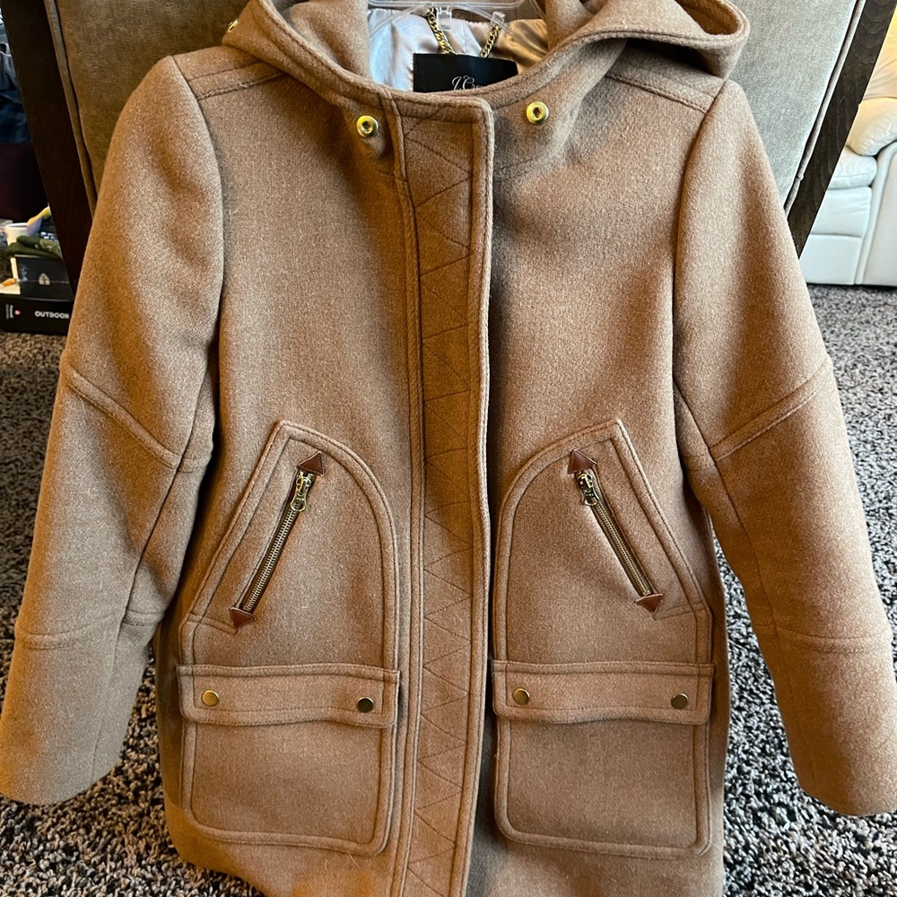 Italian Wool Camel Coat with Hood, Removable Trim - Picture 7 of 8
